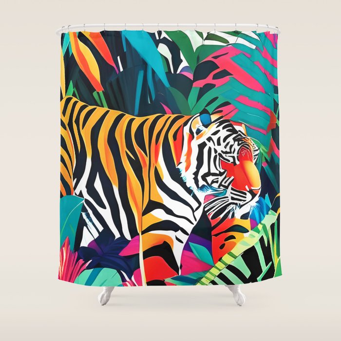 The Tigress, Fearless Wild Animal Tropical Jungle, Multicolor Cat Confidence Peaceful Calm Bohemian Eclectic Shower Curtain Gallery Image 1