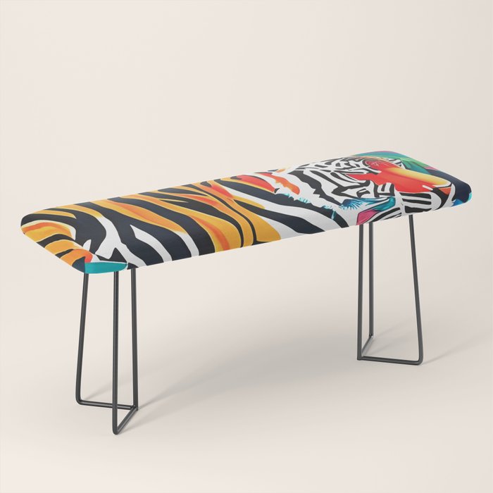The Tigress, Fearless Wild Animal Tropical Jungle, Multicolor Cat Confidence Peaceful Calm Bohemian Eclectic Bench Gallery Image 1