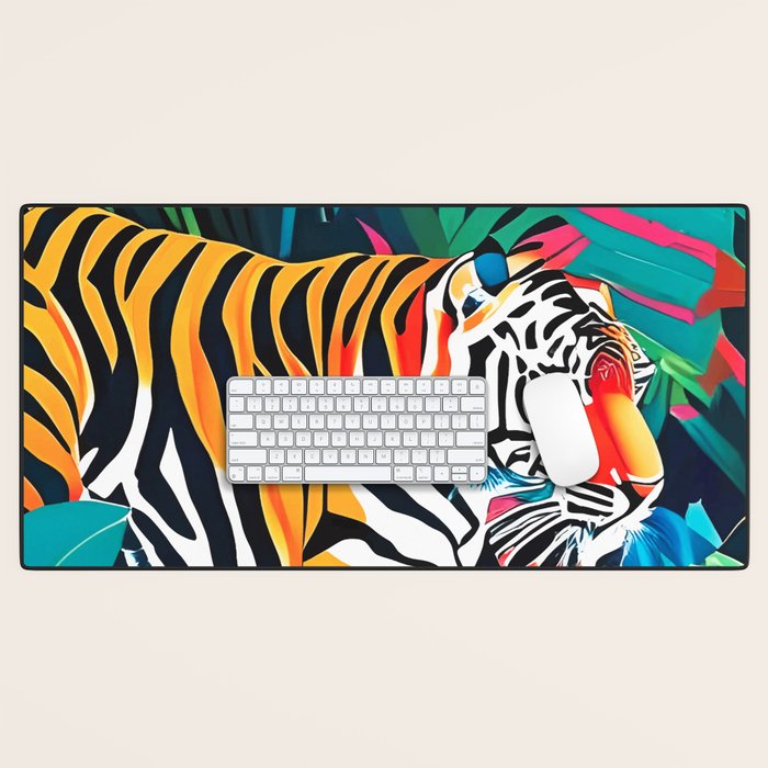 The Tigress, Fearless Wild Animal Tropical Jungle, Multicolor Cat Confidence Peaceful Calm Bohemian Eclectic Desk Mat Gallery Image 1
