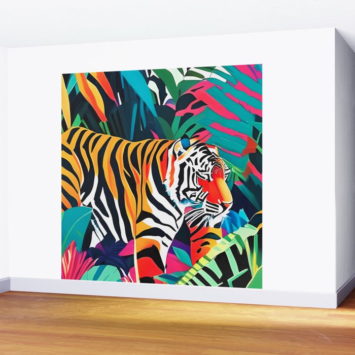The Tigress, Fearless Wild Animal Tropical Jungle, Multicolor Cat Confidence Peaceful Calm Bohemian Eclectic Wall Mural Gallery Image 2