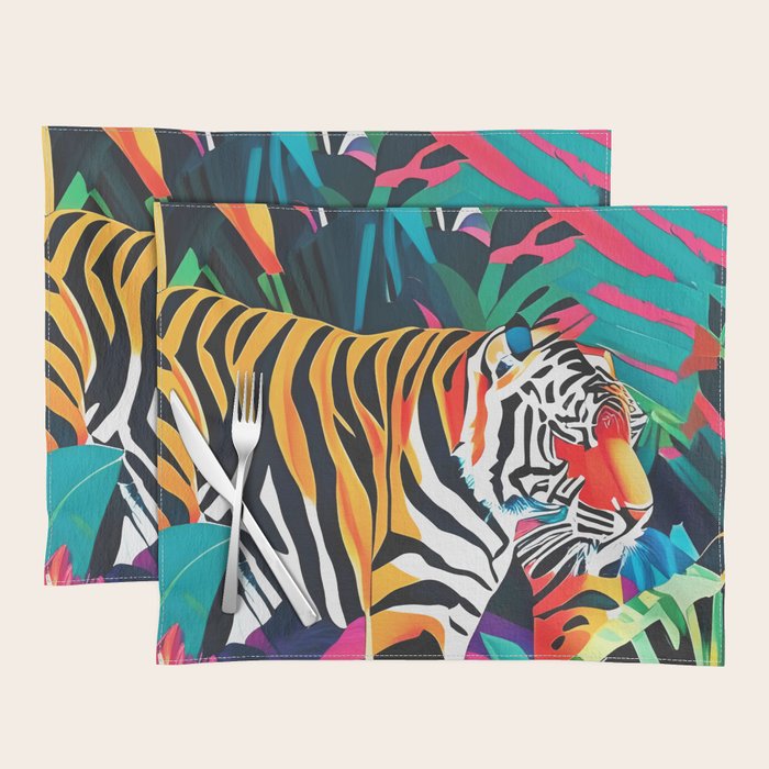 The Tigress, Fearless Wild Animal Tropical Jungle, Multicolor Cat Confidence Peaceful Calm Bohemian Eclectic Placemat Gallery Image 1