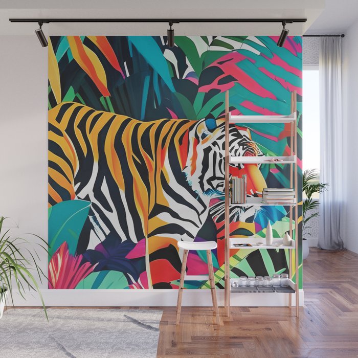 The Tigress, Fearless Wild Animal Tropical Jungle, Multicolor Cat Confidence Peaceful Calm Bohemian Eclectic Wall Mural Gallery Image 1