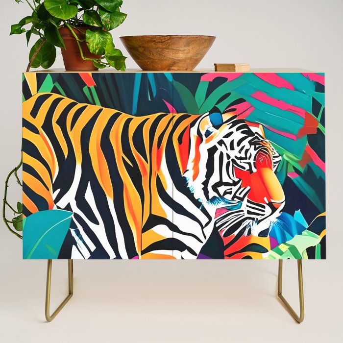 The Tigress, Fearless Wild Animal Tropical Jungle, Multicolor Cat Confidence Peaceful Calm Bohemian Eclectic Credenza Gallery Image 1
