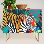 The Tigress, Fearless Wild Animal Tropical Jungle, Multicolor Cat Confidence Peaceful Calm Bohemian Eclectic Credenza Gallery Image 1
