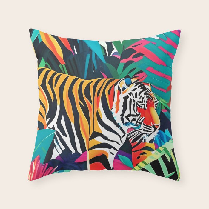 The Tigress, Fearless Wild Animal Tropical Jungle, Multicolor Cat Confidence Peaceful Calm Bohemian Eclectic Throw Pillow Gallery Image 1