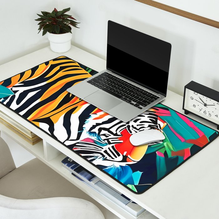 The Tigress, Fearless Wild Animal Tropical Jungle, Multicolor Cat Confidence Peaceful Calm Bohemian Eclectic Desk Mat Gallery Image 2