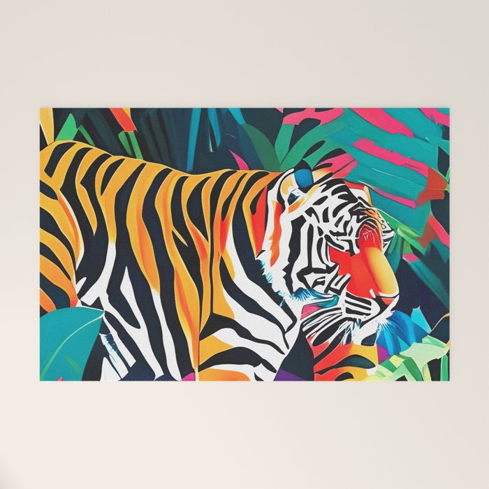 The Tigress, Fearless Wild Animal Tropical Jungle, Multicolor Cat Confidence Peaceful Calm Bohemian Eclectic Welcome Mat Gallery Image 1