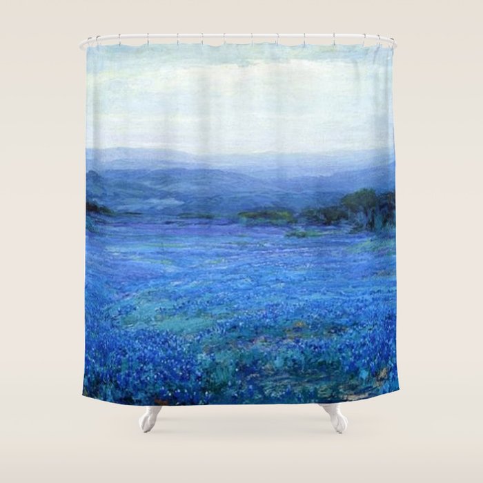 Bluebonnet Panoramic Landscape in Twilight painting by Robert Julian Onderdonk Shower Curtain Gallery Image 1
