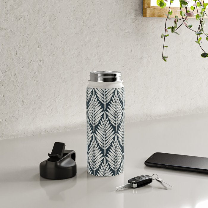 Linocut Palm Leaves . Navy Water Bottle Gallery Image 4
