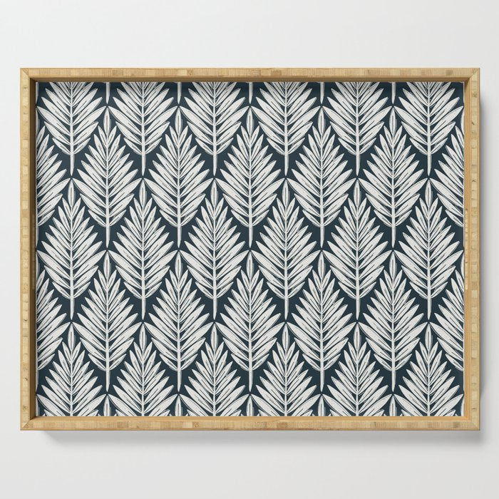 Linocut Palm Leaves . Navy Serving Tray Gallery Image 1