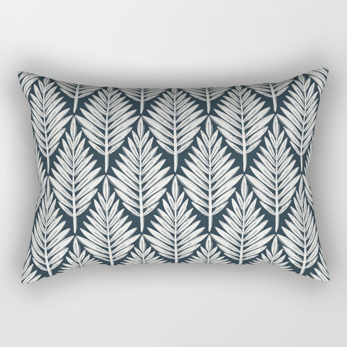 Linocut Palm Leaves . Navy Rectangular Pillow Gallery Image 1