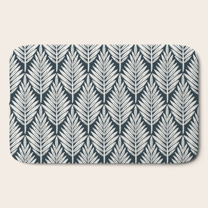 Linocut Palm Leaves . Navy Bath Mat Gallery Image 2