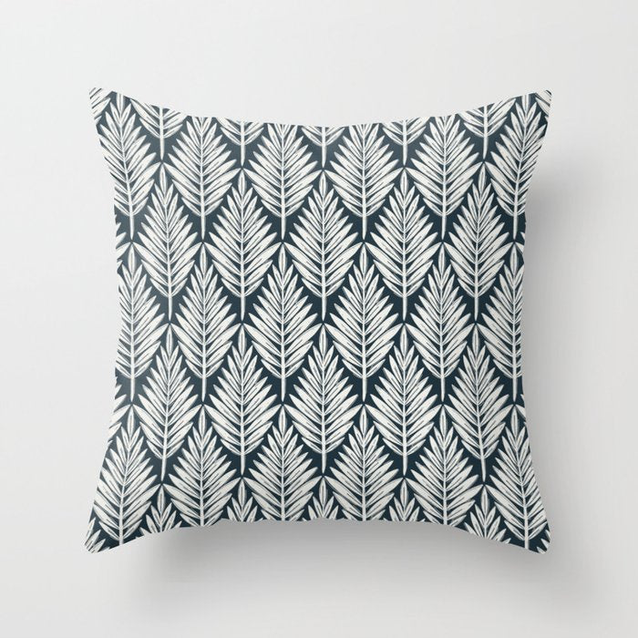 Linocut Palm Leaves . Navy Throw Pillow Gallery Image 1