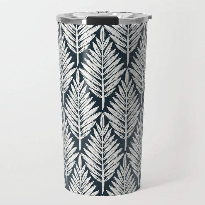 Linocut Palm Leaves . Navy Travel Mug Gallery Image 1