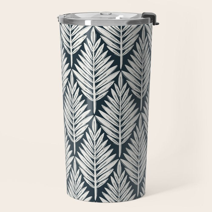 Linocut Palm Leaves . Navy Travel Mug Gallery Image 2