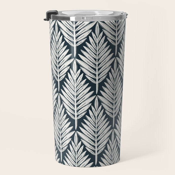 Linocut Palm Leaves . Navy Travel Mug Gallery Image 3