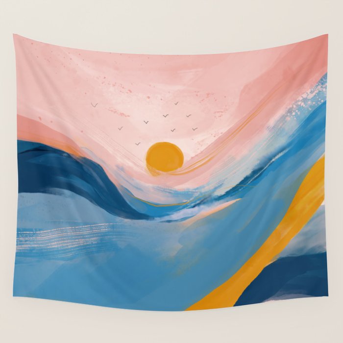 Pink and Blue Abstract Art Ocean and Sunrise Wall Tapestry Gallery Image 1