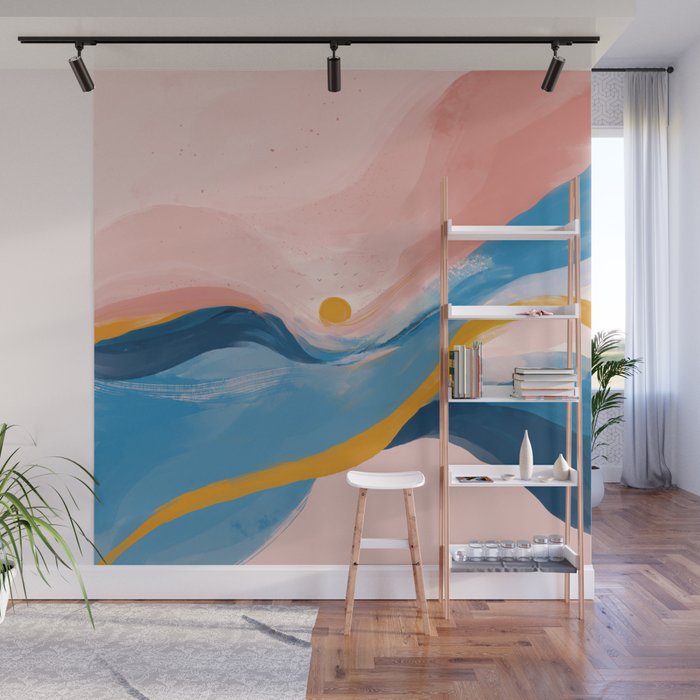 Pink and Blue Abstract Art Ocean and Sunrise Wall Mural Gallery Image 1