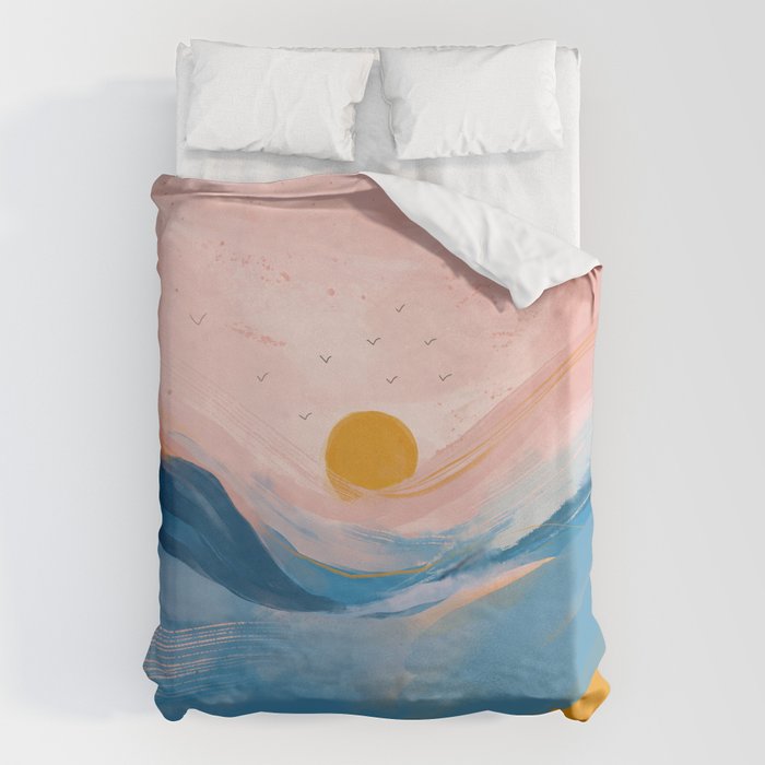 Pink and Blue Abstract Art Ocean and Sunrise Duvet Cover Gallery Image 1