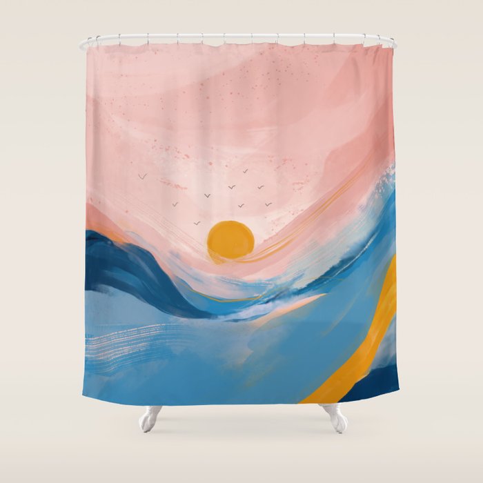 Pink and Blue Abstract Art Ocean and Sunrise Shower Curtain Gallery Image 1