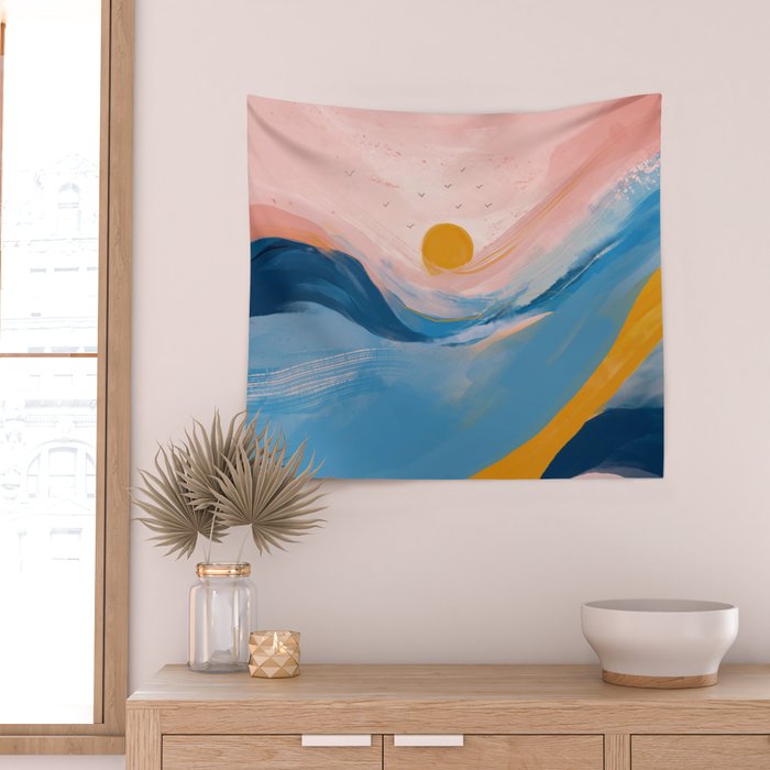 Pink and Blue Abstract Art Ocean and Sunrise Wall Tapestry Gallery Image 2