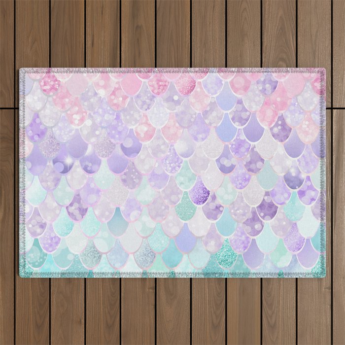 Cute Mermaid Pattern, Light Pink, Purple, Teal Outdoor Rug Gallery Image 1