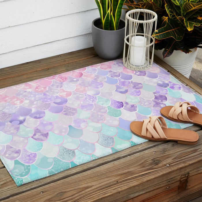 Cute Mermaid Pattern, Light Pink, Purple, Teal Outdoor Rug Gallery Image 2