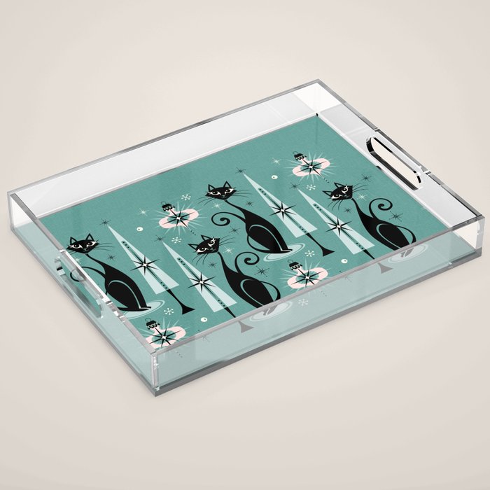 Mid Century Meow Atomic Kitty Christmas ©studioxtine Acrylic Tray Gallery Image 1