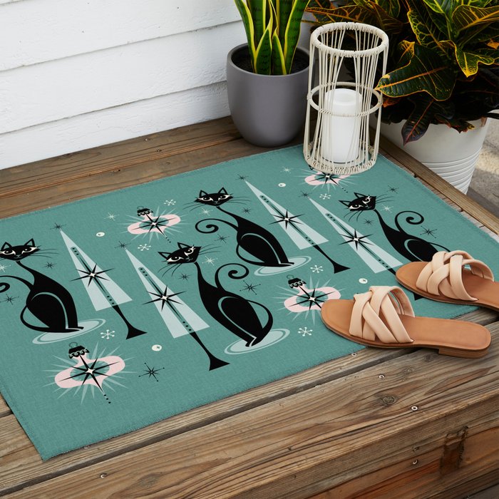 Mid Century Meow Atomic Kitty Christmas ©studioxtine Outdoor Rug Gallery Image 2
