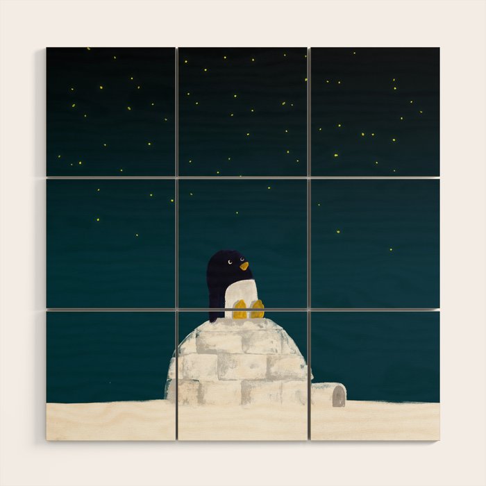 Star gazing - Penguin's dream of flying Wood Wall Art Gallery Image 1