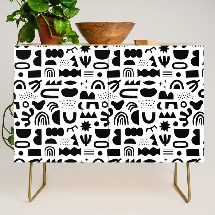 Black and white abstract organic shape pattern Credenza Gallery Image 1