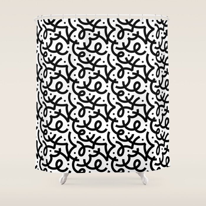 Abstract black and white line doodle pattern Shower Curtain Gallery Image 1