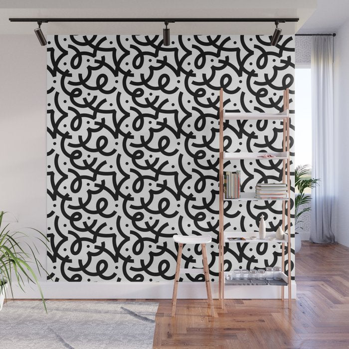 Abstract black and white line doodle pattern Wall Mural Gallery Image 1