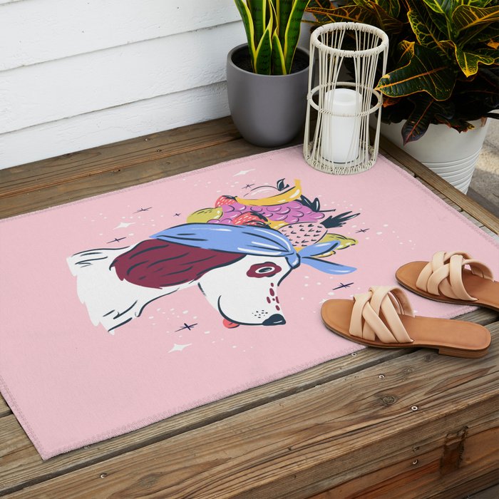 Spaniel with Fruit Hat Dog Illustration Outdoor Rug Gallery Image 2