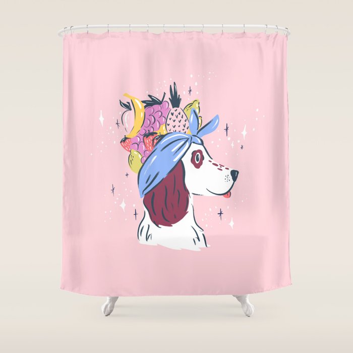 Spaniel with Fruit Hat Dog Illustration Shower Curtain Gallery Image 1
