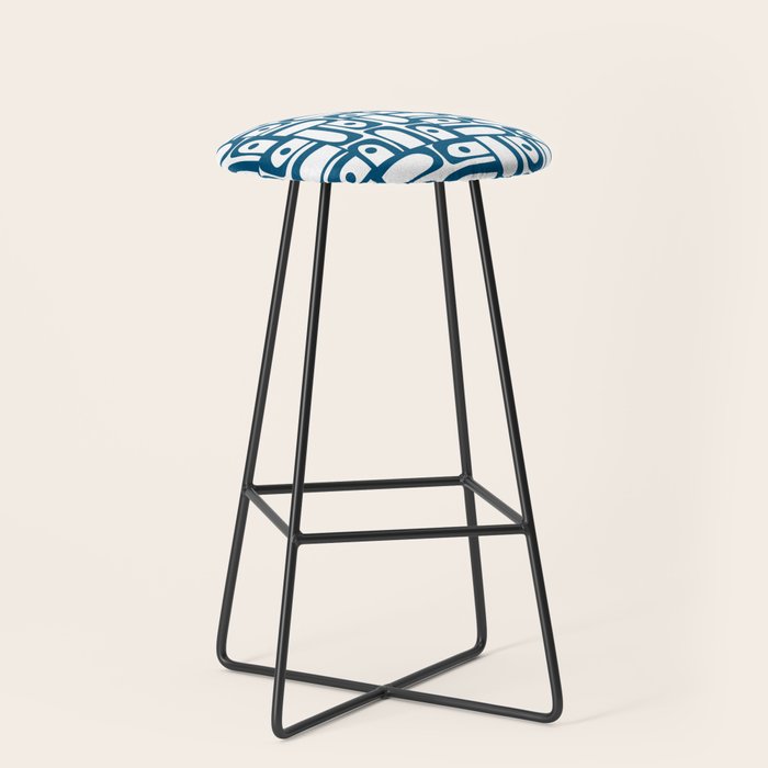Blue and White Mid Century Modern Piquet Multi Geometric Pattern Stool Gallery Image 1