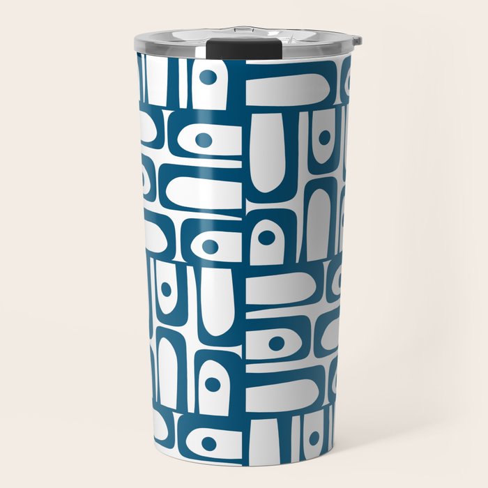 Blue and White Mid Century Modern Piquet Multi Geometric Pattern Travel Mug Gallery Image 1