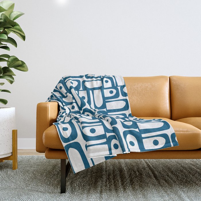 Blue and White Mid Century Modern Piquet Multi Geometric Pattern Throw Blanket Gallery Image 1