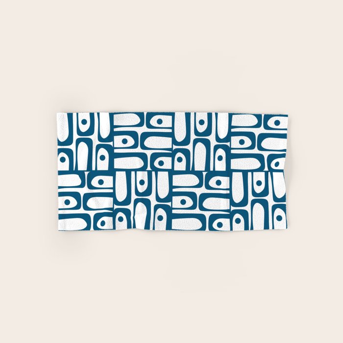 Blue and White Mid Century Modern Piquet Multi Geometric Pattern Bath Towel Gallery Image 1