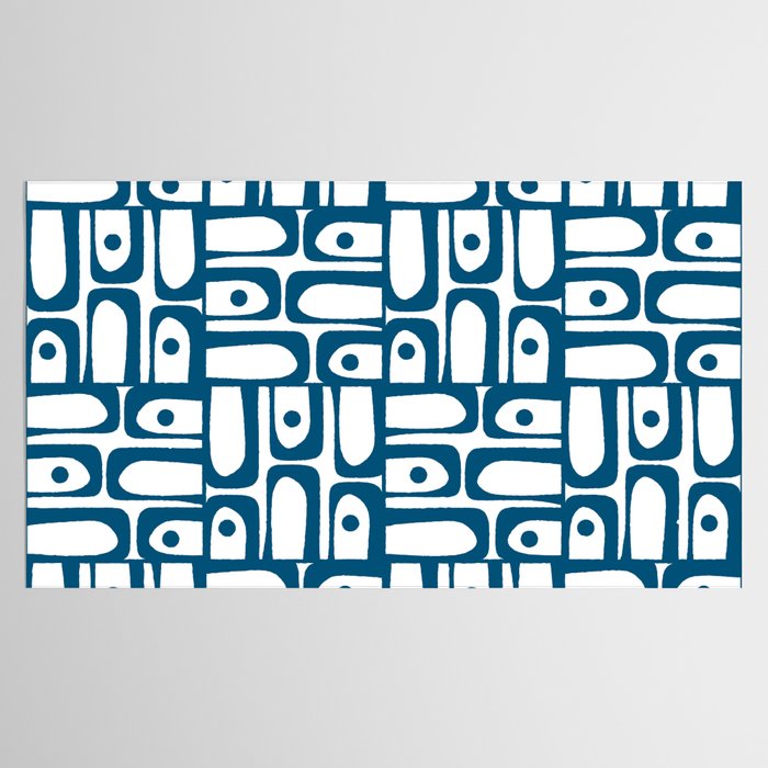 Blue and White Mid Century Modern Piquet Multi Geometric Pattern Tablecloth Gallery Image 2