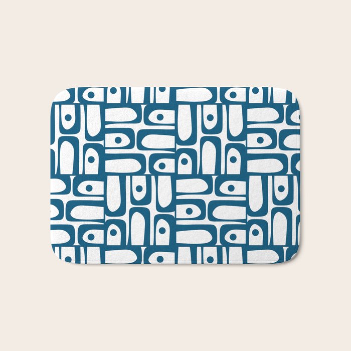 Blue and White Mid Century Modern Piquet Multi Geometric Pattern Bath Mat Gallery Image 1