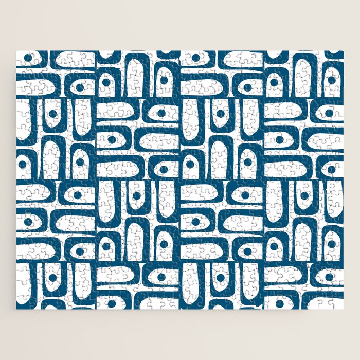 Blue and White Mid Century Modern Piquet Multi Geometric Pattern Jigsaw Puzzle Gallery Image 1