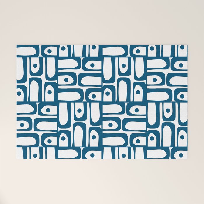 Blue and White Mid Century Modern Piquet Multi Geometric Pattern Welcome Mat Gallery Image 1