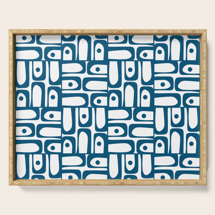 Blue and White Mid Century Modern Piquet Multi Geometric Pattern Serving Tray Gallery Image 1