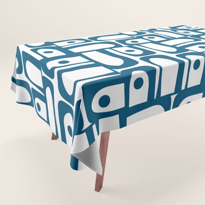 Blue and White Mid Century Modern Piquet Multi Geometric Pattern Tablecloth Gallery Image 1