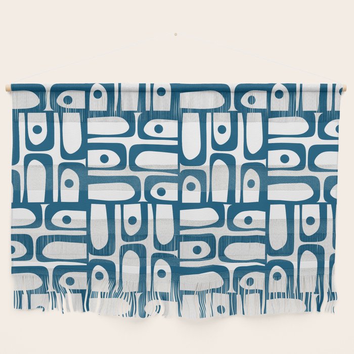 Blue and White Mid Century Modern Piquet Multi Geometric Pattern Wall Hanging Gallery Image 1