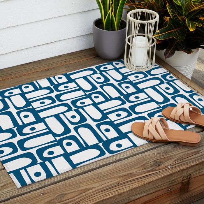 Blue and White Mid Century Modern Piquet Multi Geometric Pattern Outdoor Rug Gallery Image 2