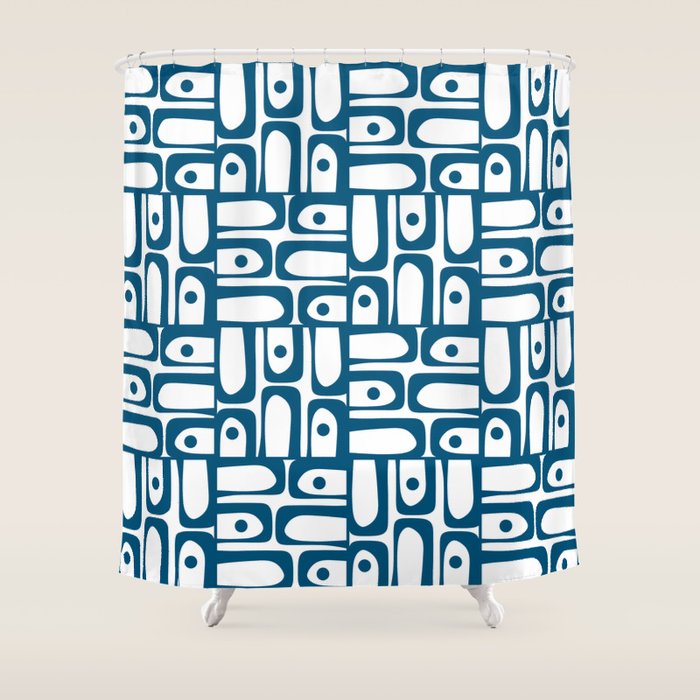 Blue and White Mid Century Modern Piquet Multi Geometric Pattern Shower Curtain Gallery Image 1