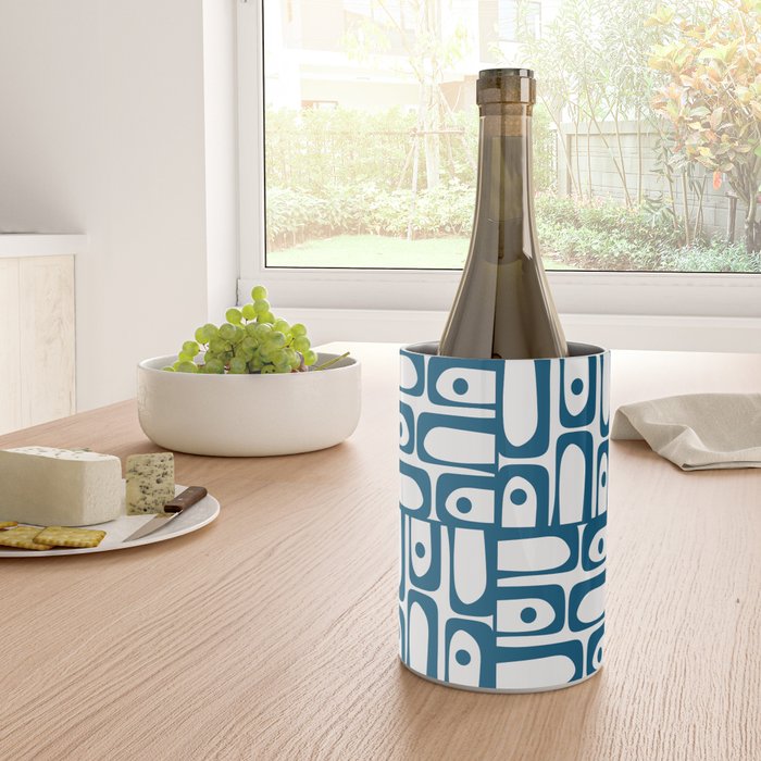 Blue and White Mid Century Modern Piquet Multi Geometric Pattern Wine Chiller Gallery Image 4