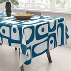 Blue and White Mid Century Modern Piquet Multi Geometric Pattern Tablecloth Gallery Image 3